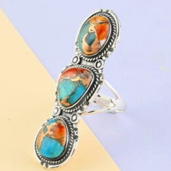 Huge Spiny Turquoise Bold 3 Stone Ring in Sterling Silver 9 Grams 2.50 ctw NWT - Picture 4 of 8